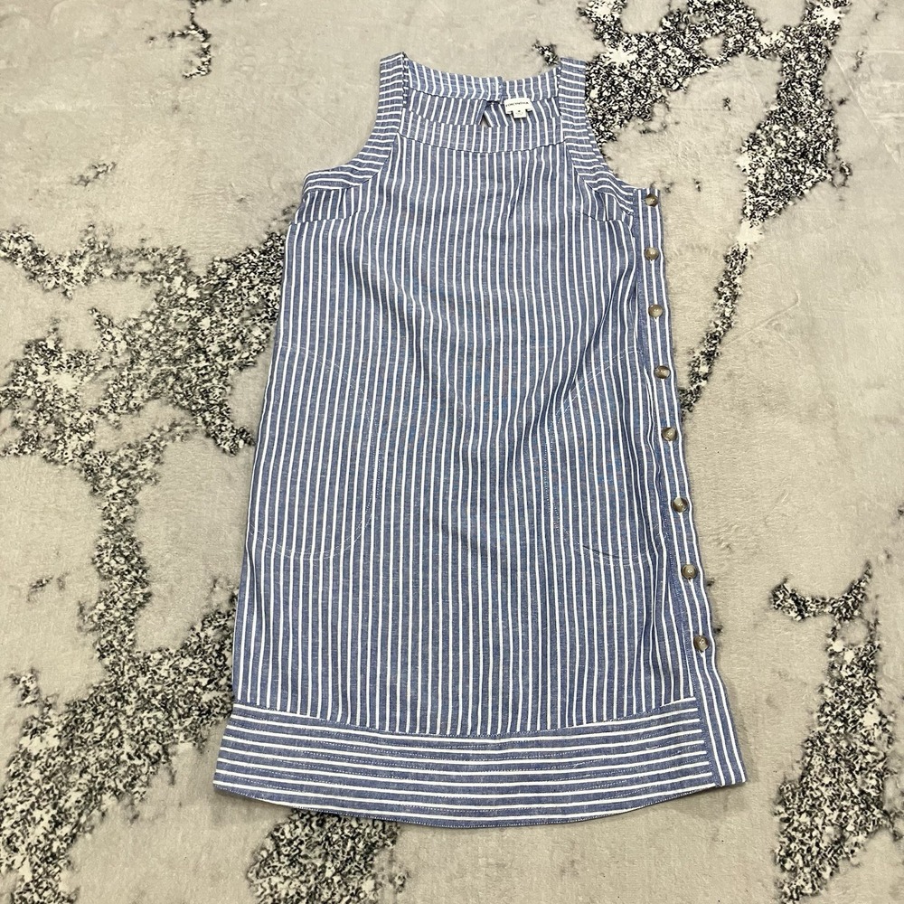 FORCYNTHIA Linen Blend Striped Shift Dress Blue White Women's Size M